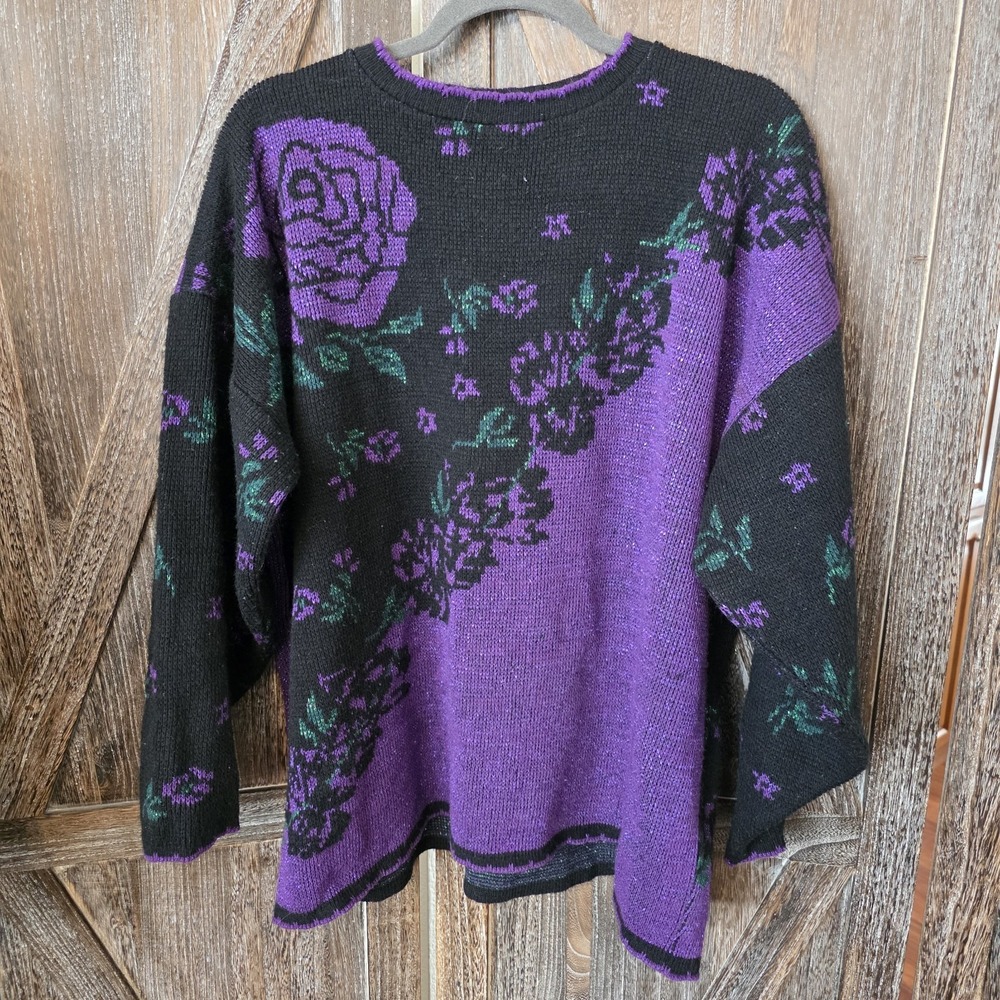 Nutcracker Sweater Size 1X Black Purple Rose Sparkly Floral Colorful Vintage‎